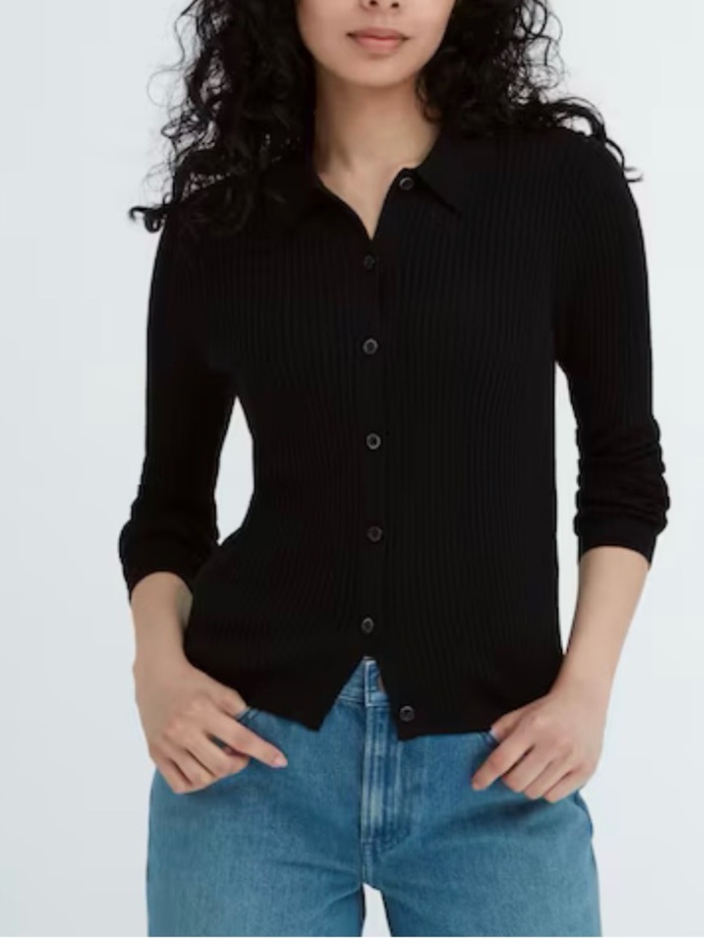 UNIQLO 100% Wool Ribbed Polo Cardigan Black Size Large